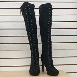 New Women’s black knee high platform lace up zip up high heel boots